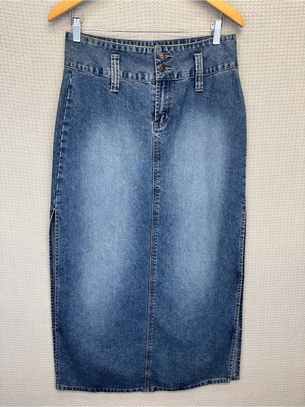 Squeeze Stephen Hardy Skirt 7/8 Blue Denim Long Maxi Button Fly Side Slit Y2K - Picture 1 of 8